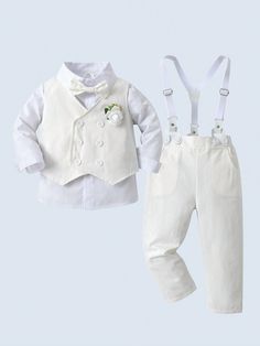 Baby Boy Gentleman Suit 3pcs Set: Long Sleeve Shirt, Double Breasted Vest And Pants, Suitable For Birthday, Party, Performance Or Wedding, Full Moon Celebration White   Long Sleeve Fabric Plants  Non-Stretch  Baby Boys Clothing, size features are:Bust: ,Length: ,Sleeve Length: Baby Boy Christening, Double Breasted Vest, Gentleman Style, Boys Clothing, White Collar, Baby Sets