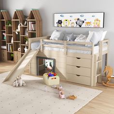 a child's bedroom with a slide and bunk bed