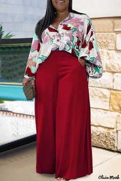 Olivia Mark - Stylish Burgundy Two-Piece Set featuring Casual Print and Patchwork Design, Ideal for Plus Size Individuals with a Classic Turndown Collar Pallazo Outfit Palazzo Casual, Pallazo Outfit Palazzo, Purple Fashion Casual, 2piece Outfits, Straight Clothes, Two Piece Pants Set, Kitenge, Classy Casual Outfits