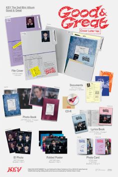 an advertisement for the k - pop group's album good and great, featuring various items