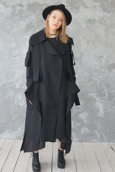 Trench Coat Winter, Winter Coat Black, Wool Coat Black, Maternity Long Dress, Black Trench Coat, Kimono Coat, Black Ruffle Dress, Elegant Coats, Black Kimono