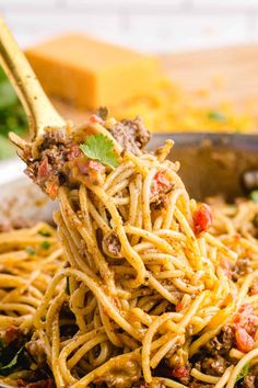 a spoon full of spaghetti with meat and vegetables on it, in a skillet