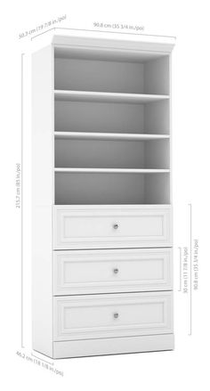 a white bookcase with drawers and measurements