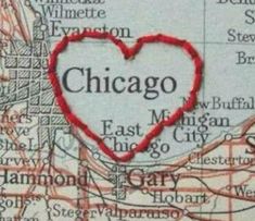 a map with a red heart in the middle and chicago on it's map