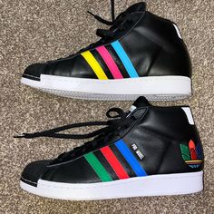 -New (Never Used) -Core Black, Red, Blue, Green -Flat Heal, Rubber Sole, Round Toe -Authentic Bold Black Sneakers For Streetwear, Bold Black High-top Sneakers, Bold Black Lace-up Sneakers, Adidas Multicolor High-top Custom Sneakers, Bold Black Low-top Sneakers, Adidas High, Adidas High Tops, Green Flats, Shoes Adidas