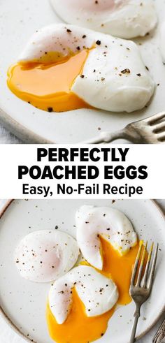 how to make perfect poached eggs on a white plate with fork and knife