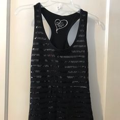 Nwt Sequined Black Tank From Rue21 Black Racerback Top For Night Out, Black Sequined Tank Top For Night Out, Black Sequined Tank Top For Summer, Black Stretch Sequin Top, Stretch Black Sequin Top, Black Fitted Sequin Tank Top, Fitted Black Sequin Tank Top, Rue21, Black Tank