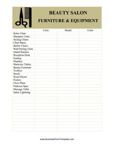 the beauty salon furniture and equipment checklist is shown in this printable form, which includes