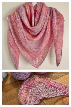 two pictures with yarn and knitting needles on the floor, one has a pink shawl