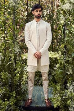 White front open jacket with geometric embroidery. Paired with an inner sheer kurta and monotone pant. - Aza Fashions Sheer Kurta, Varun Chakkilam, Kurta Set Men, Men Kurta, Diana Penty, Geometric Embroidery, Open Jacket, Silk Tulle, Sara Ali Khan