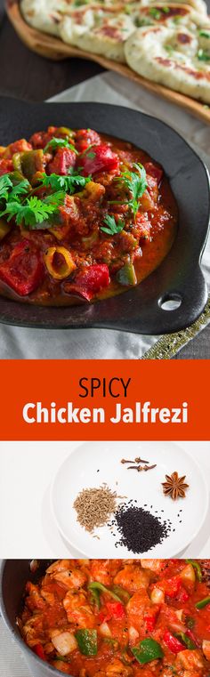 two different types of food are shown in this collage with the words spicy chicken jalfrezi