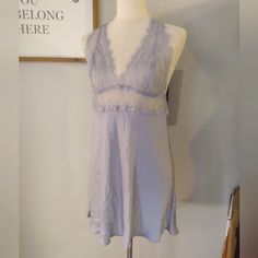 Adoreme Brand Zandy Style Women's Purple Gray Lace Top Racer Back Slip Nightgown, Size Medium New With Tags, Smoke Free Pet Free Home Coquette Lace Trim Sleepwear For Loungewear, Purple Nightgown For Pajama Party In Spring, Purple Spring Nightgown For Pajama Party, Spring Purple Nightgown For Pajama Party, Coquette Camisole Nightgown For Sleep, Sheer V-neck Coquette Sleepwear, Sleeveless Coquette Sleepwear, Coquette Sleeveless Sleepwear, Coquette V-neck Sleep Chemise