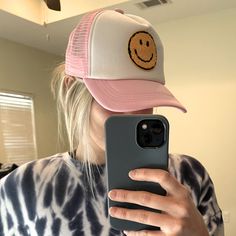 Pink Smiley Face Trucker Hat Casual Pink Hats For Day Out, Fun Spring Trucker Hat, Trendy Everyday Hats, Trendy One Size Hats For Everyday, Casual Visor Hat For Day Out, Pink Everyday Hat For Spring, Trendy Visor Hat For Spring, Trendy Spring Visor Hats, Spring Trendy Visor Hats