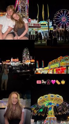 two people are posing for pictures in front of carnival rides and ferris wheel at night