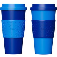 two blue cups sitting side by side