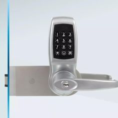 an electronic door handle with a keypad attached to it and the lock is open