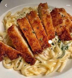 pasta with chicken and parmesan cheese on a white plate