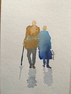 watercolor painting of two people walking down the street with their canes in hand