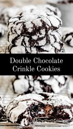 double chocolate crinkle cookies stacked on top of each other with text overlay