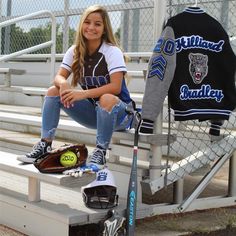 Senior Softball Pictures With Cap And Gown, Volleyball And Softball Senior Pictures, Soccer Letterman Jacket Ideas, Softball Pictures Senior, Sr Sports Pictures, Softball Letterman Jacket Ideas, Senior Pics With Jerseys, Softball Pic Ideas, High School Senior Picture Ideas Softball