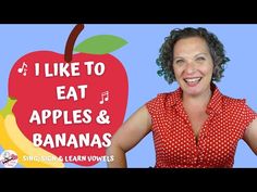 a woman in red shirt standing next to an apple with bananas on it and the words i like to eat apples & bananas