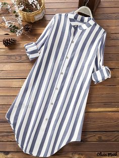 Olivia Mark - Womens Plus Size Casual Blouse: Stripe Print Long Sleeve Button Up Mock Neck Tunic Shirt Top Pola Lengan, Shirt Tunic Top, Button Long Sleeve, Casual Long Sleeve Shirts, Striped Long Sleeve Shirt, Shirt Dress Casual, Dress Shirts For Women, Loose Blouse, Cardigan Fashion