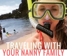 a woman wearing scuba gear and snorkels on the beach with people swimming in the water