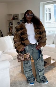 Baddie Outfits Black Women Club, Dearra Winter Outfits, New York Winter Fashion Black Women, Winter Nba Game Outfit, Baddie Outfits With Sneakers, Fur Clogs Outfit, Winter Outfits Blackgirl Concert, Braids And Outfits Black Women, Fur Outfits Black Women