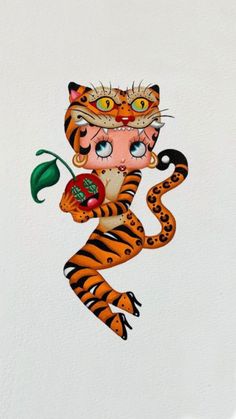 a drawing of a tiger holding a flower and an apple in it's mouth