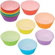 six different colored cupcake liners on a white background