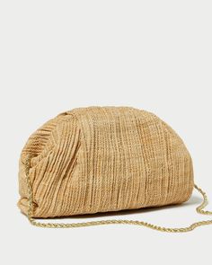 Pleated, dome-shaped pouch in natural raffia. Features a removable twisted gold metal chain strap, frame closure, full lining, and interior card slot. Spring Palette, Feminine Blouses, Clover Green, Braided Strap, Loeffler Randall, Floral Color, Pearl Color, Red Poppies, Green Velvet