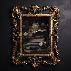 an ornate gold frame holds a painting of a frog sitting on top of books