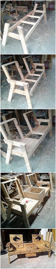 three pictures of different types of furniture being assembled in an assembly line and placed on the floor