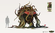 an image of a giant creature with long tentacles and flowers on its head, standing in front of a man