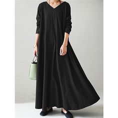 Season:Winter,Autumn,Fall; Fabric:Cotton; Sleeve Length:Long Sleeve; Look After Me:Machine wash; Gender:Women's; Style:Fashion,Streetwear,Mature; Elasticity:Micro-elastic; Occasion:Date,Street,Daily,Going out,Outdoor; Fit Type:Loose Fit; Dresses Type:Plain Dress,Casual Dress,Winter Dress,Black Dress,Swing Dress; Design:Ruched; Neckline:V Neck; Listing Date:10/31/2023; 2024 Trends:2023; Bust:; Length:; Shoulder Width:; Sleeve:; Waist:; Fit US Size:; Fit UK Size:; Fit EU Size:; Dress Length Type:Long Dress Maxi Dress; Print Type:non-printing Plain Dress Casual, Date Fashion, Women's Black Dress, Black Dress Long, Dresses Casual Winter, Dress Winter, Outwear Women, Cotton Linen Dresses, Plain Dress