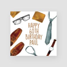 a birthday card with an image of shoes, tie, watch, and other items