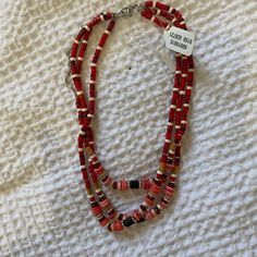 Nwt Free People Red Multi Strand Beaded Layered Necklace Red Multi-strand Necklace With Wooden Beads, Multi-strand Red Necklace With Wooden Beads, Multi-strand Necklace With Red Wooden Beads, Red Beach Necklaces With Large Beads, Red Large Beads Necklace For Beach, Adjustable Red Beaded Necklace For Beach, Red Wooden Beaded Necklaces, Red Wooden Beaded Necklace, Casual Red Round Beaded Necklaces