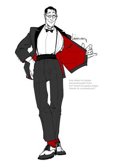 a drawing of a man in a tuxedo and bow tie with his hands on his hips