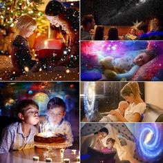 several pictures of children and adults around a christmas tree, with candles in the foreground