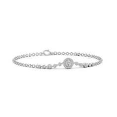 A brilliant round diamond is encircled by a glittering halo and linked to bezel-set diamond accents on this 14k white gold vintage inspired bracelet. The milgrain detailing completes the old world allure of this elegant bracelet. Bezel Set Diamond, Elegant Bracelet, Fine Jewelry Bracelets, Diamond Bracelets, Bezel Setting, Beautiful Bracelet, White Diamond, Diamond White, Round Diamond