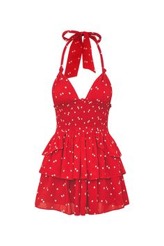 Red Summer Mini Dress With Smocked Back, Red Mini Dress With Smocked Back For Summer, Cotton Halter Neck Dress With Ruffles, Cotton Ruffle Halter Neck Dress, Chic Polka Dot Cotton Dress, Chic Cotton Polka Dot Dress, Polka Dot Tiered Summer Dress, Summer Polka Dot Tiered Dress, Summer Tiered Polka Dot Dress