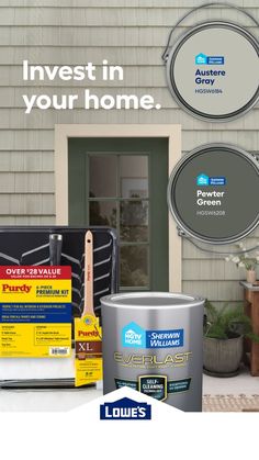 an advertisement for the home improvement company with paint and tools in front of a house