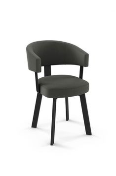 an upholstered chair with black legs and a dark grey seat, viewed from the front