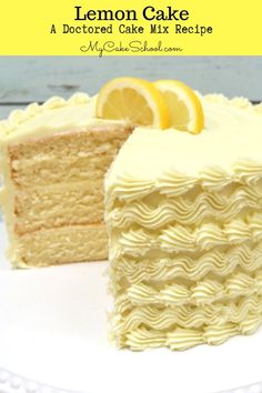 a slice of lemon cake on a white plate