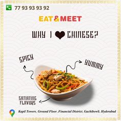 an advertisement for a chinese restaurant called eat and meet, with the words why?