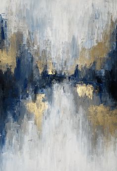 an abstract painting with blue, yellow and white colors on the water's surface