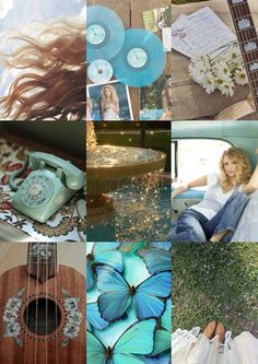 a collage of photos with blue and white flowers, butterflies, an old phone, and other items