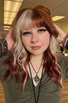 Blonde Streak Red Hair, Hair Color Idea With Bangs, Blonde And Colored Hair Ideas, Hair Styles For Split Dyed Hair, Half Brown Half Blonde Hair Split With Bangs, Half Blonde Half Black Hair With Bangs, Red Block Coloring Hair, Split Hair With Bangs, Chunky Highlights Colorful