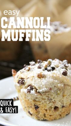 a close up of a muffin on a plate with the words easy cannoli muffins