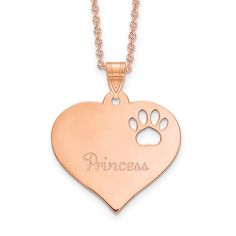 Show your love for dogs with this rose gold-plated sterling silver heart pendant. This heart pendant is detailed with cut-out paw print design and may be personalized with your choice of 1 name (maximum 10 characters) in Edwardian and Britannic font for a complete look. This heart pendant comes with 18-inch cable chain secured with lobster clasp. Heart With Paw Print, Paw Print Design, Sterling Silver Heart Pendant, Jared The Galleria Of Jewelry, Jewelry Heart, Silver Heart Pendant, Precious Jewelry, Sterling Silver Heart, Heart Jewelry